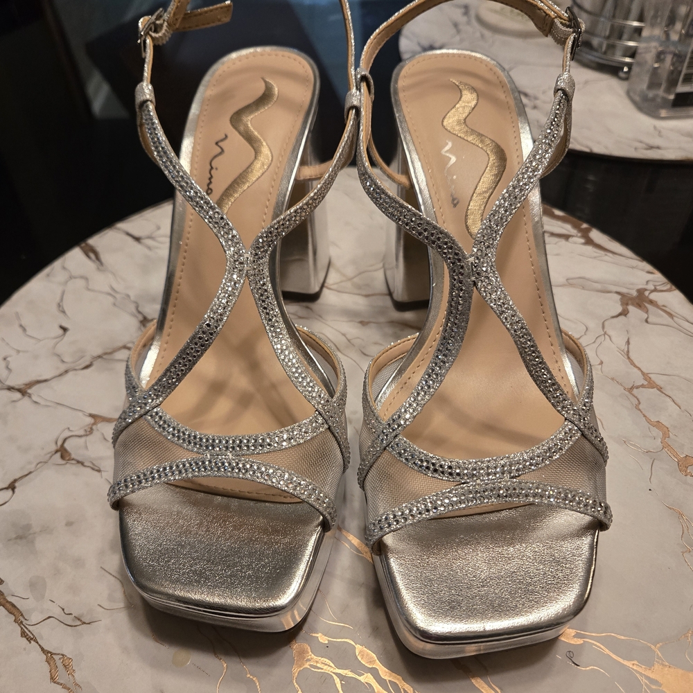 Nina Silver Strappy Heels with Rhinestones - Picture 3 of 6